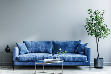 blue sofa in living room with empty wall