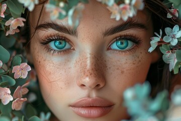 Portrait of a woman with beautiful eyes among pink flowers