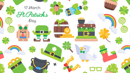 A flat seamless pattern showing irish theme elements, lucky charms, clover leaves and gold coins 