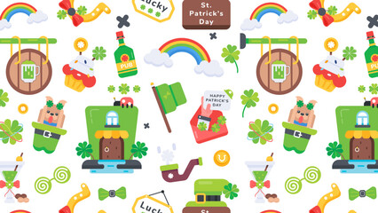 A flat seamless pattern with st patrick celebration items and irish culture elements 