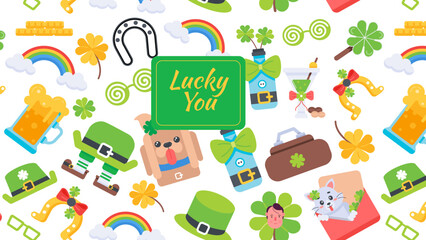 Seamless lucky pattern showing irish characters, lucky charms, clover leaves and st patrick elements