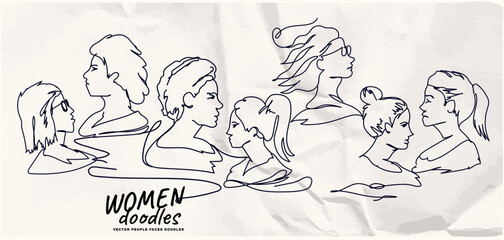 A collection of female women portrait line doodle drawing decorations on paper. Vector illustration.