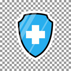 Plus or cross on the shield color icon, a symbol of medicine, immunity and protection of the pc from viruses. Clinic. Farmacy. Hospital. Medicine. Guard. llustration on transparent. Vector EPS 10