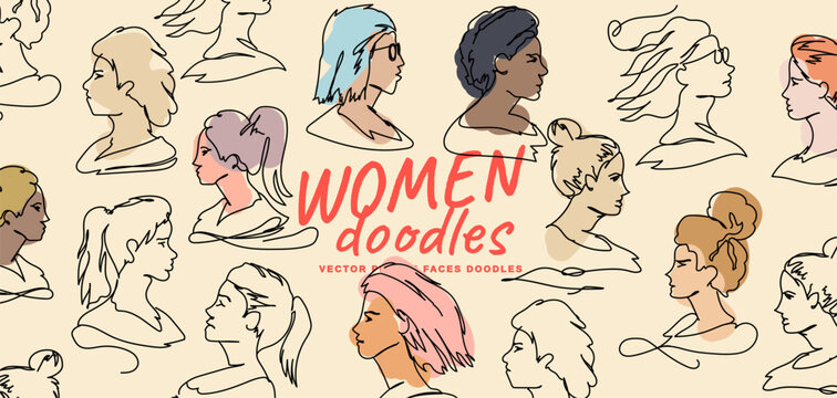 A collection of female women portait line doodle drawing decorations. Vector illustration.