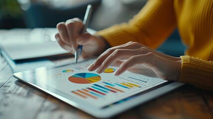 Individual analyzing statistical data on a tablet at a desk with a stylus.