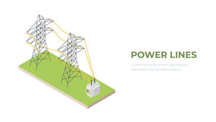 Power Lines Pylons. Landscape Support High Voltage. Isometric View. Vector illustration of high voltage pole power line on a transparent background.