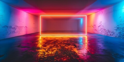 Neon Frame with Green Screen on Rainbow Background - A Bright and Colorful Composition. Concept Neon Frame, Green Screen, Rainbow Background, Bright Colors, Colorful Composition