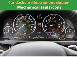 Car dashboard with 3d mechanical fault icons overlay - instrument cluster lights