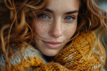 Close-up of a young woman with a cozy scarf and vivid auburn hair conveys warmth and comfort - obrazy, fototapety, plakaty