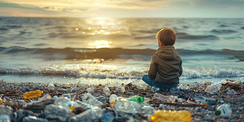 Small baby toddler collect pick up plastic bottle trash on dirty shore of a beach. Earth, Environment, Greening planet, reduce global warming, Save world. Pollution and Environmental campaign - obrazy, fototapety, plakaty