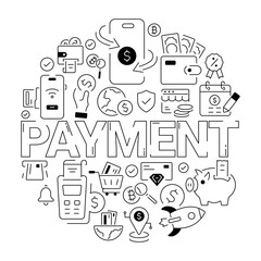 A linear payment vector depicting various banking and digital transaction solutions 