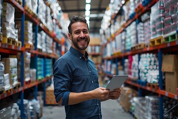 A man in a dress shirt is smiling while holding a tablet in a retail warehouse. He is providing engineering services for selling goods on shelves to enhance customer service in the marketplace - obrazy, fototapety, plakaty