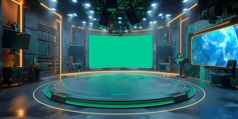 Modern news set featuring green screen backdrop for virtual broadcasts D rendered . Concept Virtual News Set, Green Screen Backdrop, Modern Design, 3D Rendered_ORIENTATION