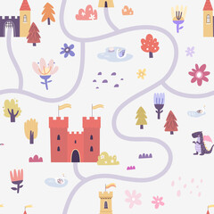 Seamless pattern with fairytale map