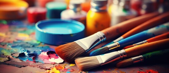 Obraz premium A variety of paint brushes and bottles of paint are displayed on a table, ready for an art session or creative project in a colorful room