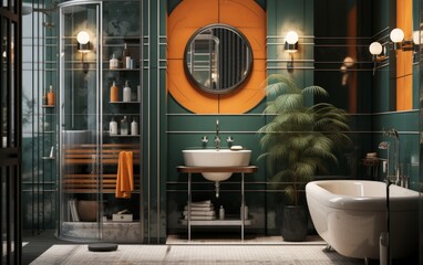 A bathroom with a green and orange color scheme, featuring a large mirror, a sink, a bathtub, and a potted plant