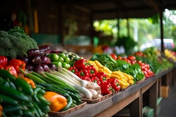 Fruit market with various colorful fresh fruits and vegetables. Healthy, wholesome food