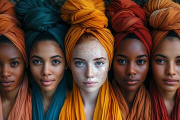 A stunning group portrait of diverse women with vibrant head wraps, displaying unity and beauty