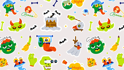 Flat seamless spooky pattern encompass various elements of halloween party 