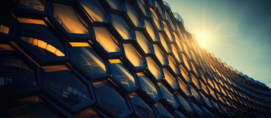 A closeup shot of a building with the sun shining through the windows, giving an electric blue glow. The mesh grille and bumper of an automotive tire reflect the light beautifully - obrazy, fototapety, plakaty