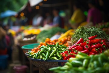 Fototapeta premium Fruit market with various colorful fresh fruits and vegetables. Healthy, wholesome food