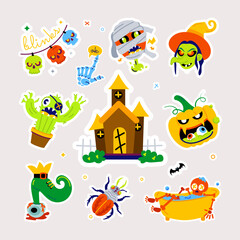 Flat halloween vector with creepy characters and various spooky witchcraft items