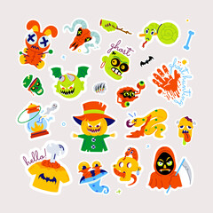 Halloween theme vector with creepy laughing faces, spooky pumpkins, and witchcraft items 