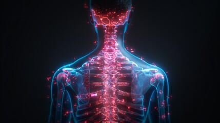 Science anatomy scan of human body with glowing rib cage blood vessels. - obrazy, fototapety, plakaty