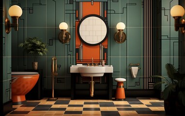 A bathroom with a sink, toilet, and a plant. The bathroom is decorated with a checkered floor and a green wall