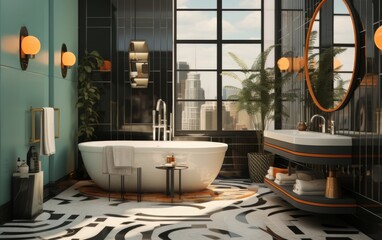A modern bathroom with a large bathtub, a mirror, and a potted plant. The bathroom has a city view and a black and white tile floor