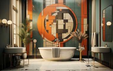 A bathroom with a large orange and white abstract painting on the wall. The bathroom is decorated with a lot of gold accents and has a modern feel