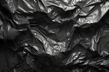 Close up plastic wrap on the black background. Clean blank texture overlay effect template. Isolated wrinkle surface branding mock-up. - obrazy, fototapety, plakaty
