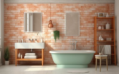 A bathroom with a green bathtub and a white sink. The bathroom is decorated with a brick wall and a wooden shelf