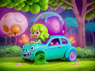 Cute Slime Creatures in Car, Oil Painting - 756558269