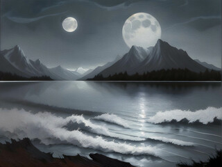 Moonlight Lake with Swans, oil-paint effect, Oil Painting - 756558295