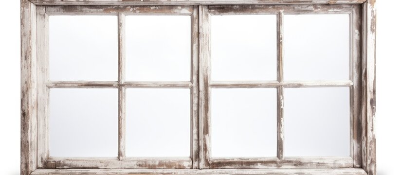 A rectangular wooden window with a white frame sits parallel to a symmetrical door on a white background. The glass fixture adds tints and shades to the white flooring - Powered by Adobe
