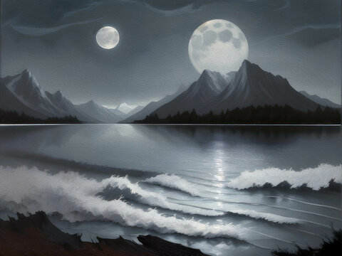 Moonlight Lake with Swans, oil-paint effect, Oil Painting