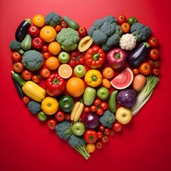 Various fruits and vegetables arranged in the shape of a heart on a red background