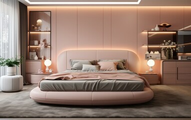 A pink bedroom with a bed, nightstands, and a television. The room has a pink color scheme and is decorated with pink furniture and accessories