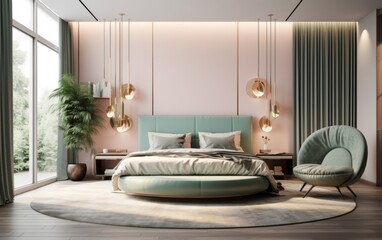 A bedroom with a green bed, a green chair, and a green curtain. The room has a modern and elegant feel, with a potted plant and a vase on the nightstand. The bed is surrounded by pillows