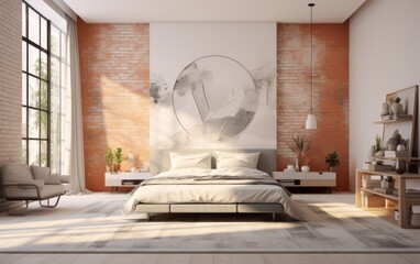 A large bed with a white comforter and a white pillow sits in a room with a brick wall. The room is well lit and has a modern, minimalist design. A potted plant is placed on a table near the bed - obrazy, fototapety, plakaty