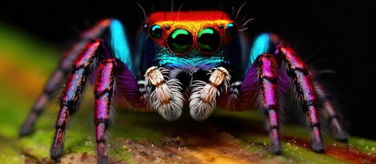 A vibrant jumping spider is seen up close on a rock, showcasing its magenta and electric blue colors. This arthropod adds fun to the terrestrial plant environment