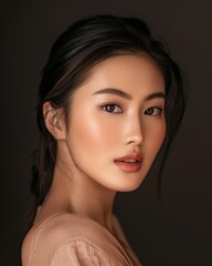 Naklejka premium Photo of an Asian female model on dark background