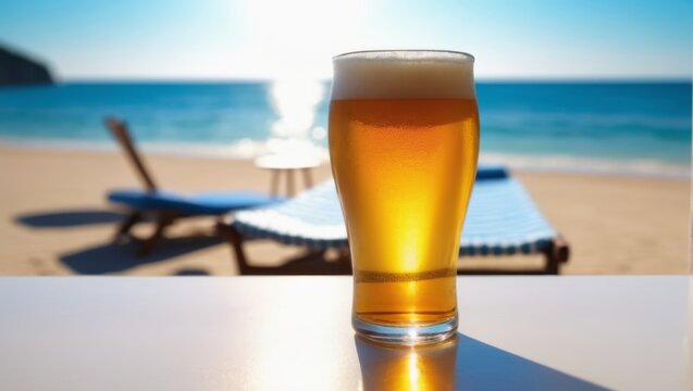 Glass of beer on the beach at sunset. Blurred background.