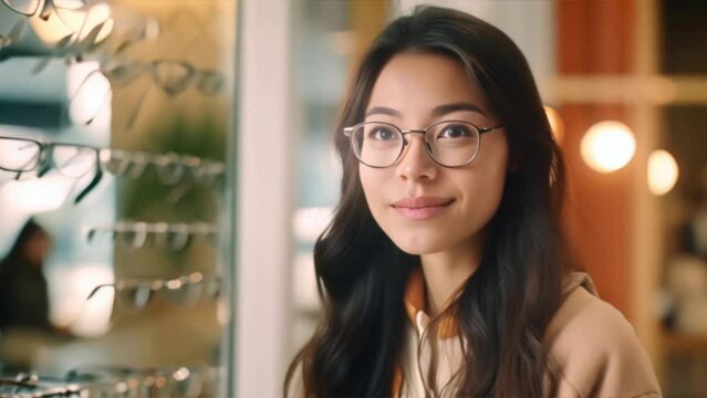 Beautiful Asian woman is shopping for glasses, beautiful woman is satisfied with new glasses at the store