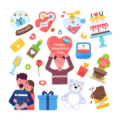 A flat vector depicting romantic gestures and love day moments 