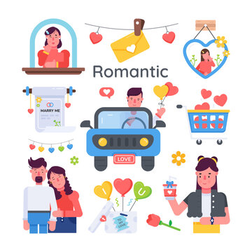 A flat vector depicting love celebration and romantic couple cuddles 