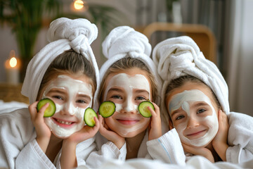 Happy little girls wearing white bathrobes towels on head having cucumber facial skin care mask. Smiling girls friends relaxing at spa beauty salon