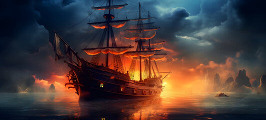 Obraz premium A haunted ship appears behind the fog, ai generative