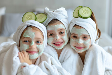 Happy little girls wearing white bathrobes towels on head having cucumber facial skin care mask. Smiling girls friends relaxing at spa beauty salon
